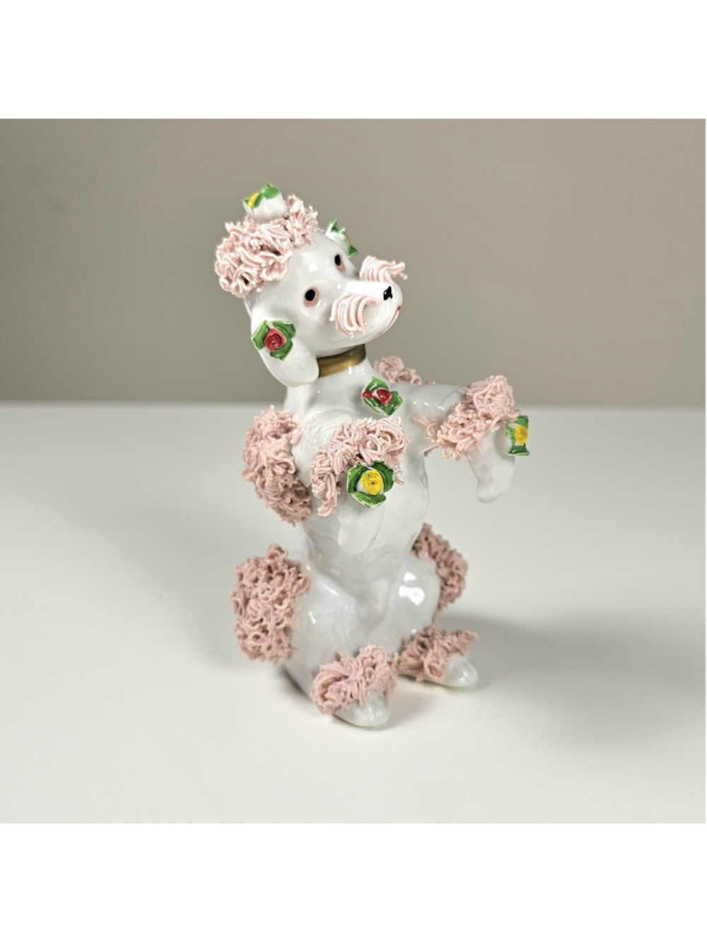 Vintage 1950s Spaghetti Poodle Figurine White Pink Trim Flower Rosettes MCM